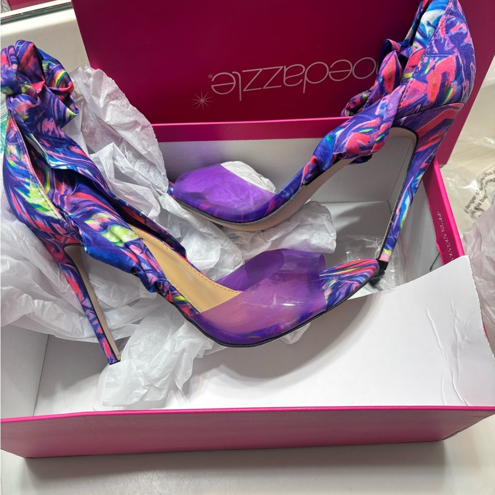 Shoe Dazzle Purple Multicolor Stiletto Sandals with Ankle Wrap